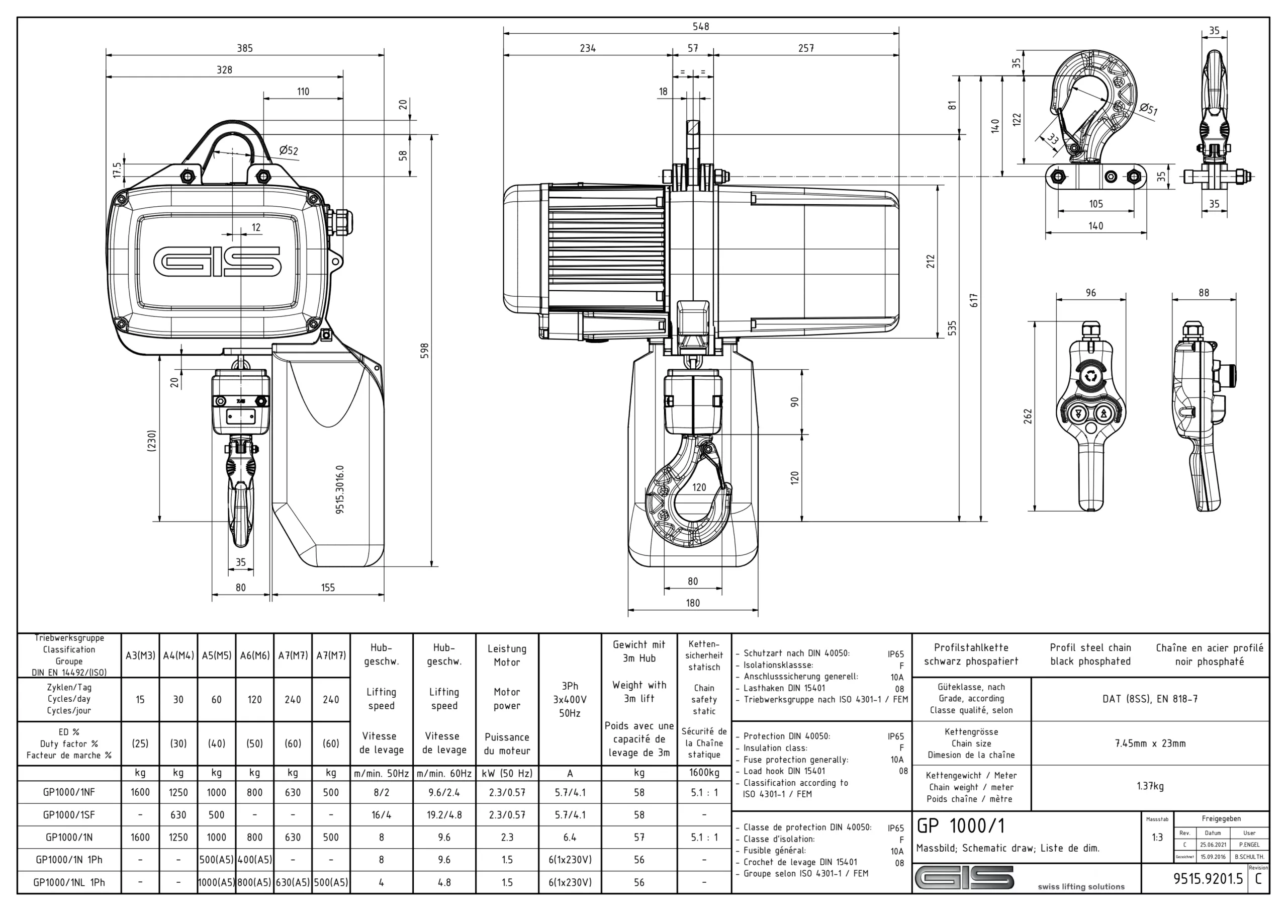 GIS GP1000 elektrisk kjettingtalje, detaljvisning