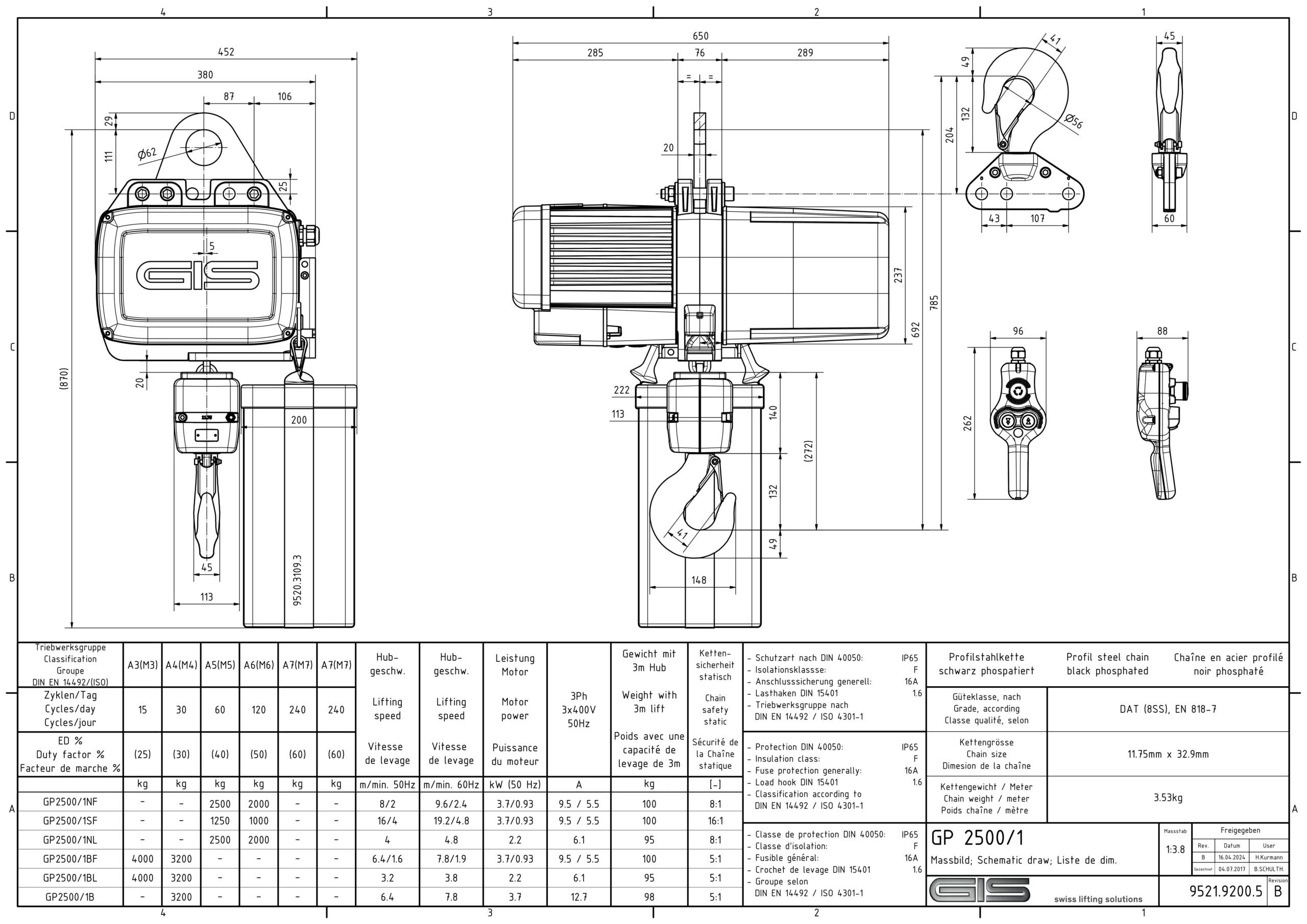 GIS GP2500 elektrisk kjettingtalje, 1000–6300 kg