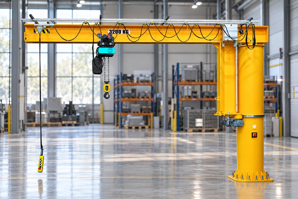 Comege RSD helroterende søylesvingkran med elektrisk kjettingtalje i en industrihall